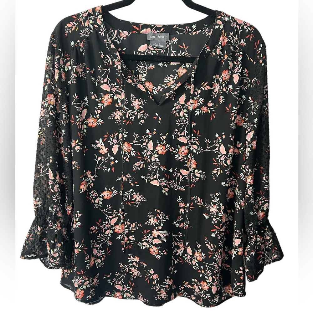VAN HEUSEN Size Large Floral V-Neck Blouse Sheer Swiss Dot Bell Sleeves